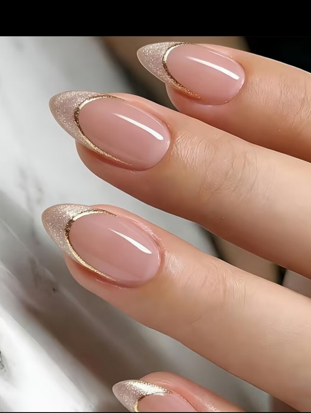 🔥3/$21 Nude & Gold Glitter Almond Nail Polish Set -  Press On Nails